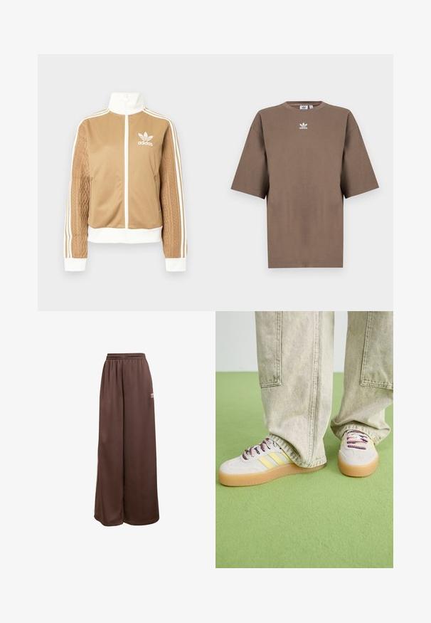 Jachetă zip-up de culoare bej cu accente albe și trei dungi albe pe mâneci. Prezintă un design țesut texturat pe o mânecă. Logo-ul Adidas pe piept.; Tricou din bumbac de culoare maronie, cu mâneci scurte, guler rotund și logo-ul alb Adidas centrat pe piept, având un design simplu și o croială relaxată.; adidas Originals Pantaloni de trening - auburn cream white; Adidașii au un superior din suede gri deschis, trei dungi galbene și șireturi multicolore. Talpa din cauciuc asigură tracțiune. Purtați cu pantaloni bej deschis.