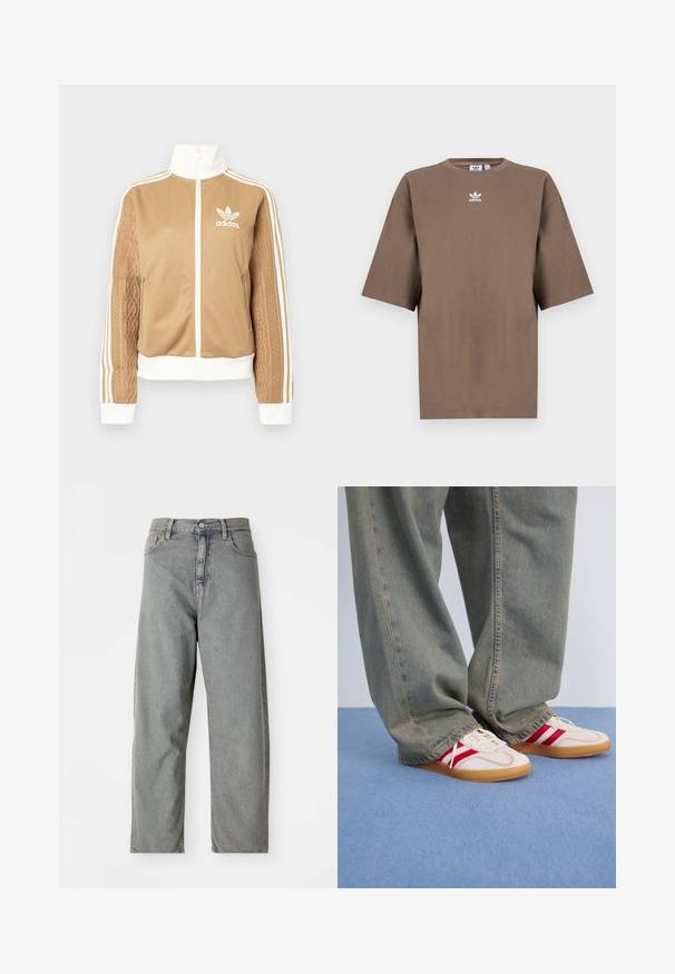 Tā tan krāsa zip-up jakas ar baltajiem akcentiem un trim baltām svītrām uz piedurknēm. Izceļas ar teksturētu aušanas dizainu uz vienas piedurknes. Adidas logo uz krūšu daļas.; Brūna kokvilnas T-krekls īsām piedurknēm, apaļa kakla izgriezums, ar baltu Adidas logo centrā krūtīs, ar vienkāršu dizainu un brīvu piegriezumu.; Gai pelēku džinsu bikses ar taisnu kāju dizainu, ar priekšējo pogu aizdari, piecām kabatām un izsmalcinātu izbalējumu.; Baltas kedas ar sarkanām svītrām, strukturēts kanvas augšdaļa, noapaļota purngala, plakana gumijas zole, kopā ar brīviem, izbalējušiem zila denim biksēm.