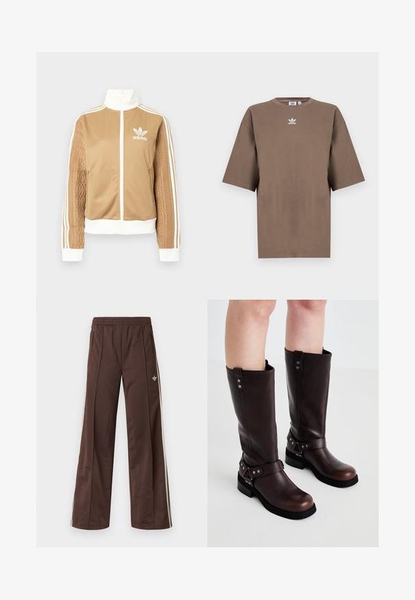 Tan zip-up jacket with white accents and three white stripes on sleeves. Features textured woven design on one sleeve. Adidas logo on chest.; Brown cotton t-shirt with short sleeves, round neck, and white Adidas logo centered at the chest, featuring a plain design and relaxed fit.; Brown athletic pants with a wide-leg design, white side stripes, an elastic waistband, and two side pockets. Features small logo on the leg.; Brown leather knee-high boots with a smooth texture, featuring a wide strap and triangular hardware accents, flat rubber soles.