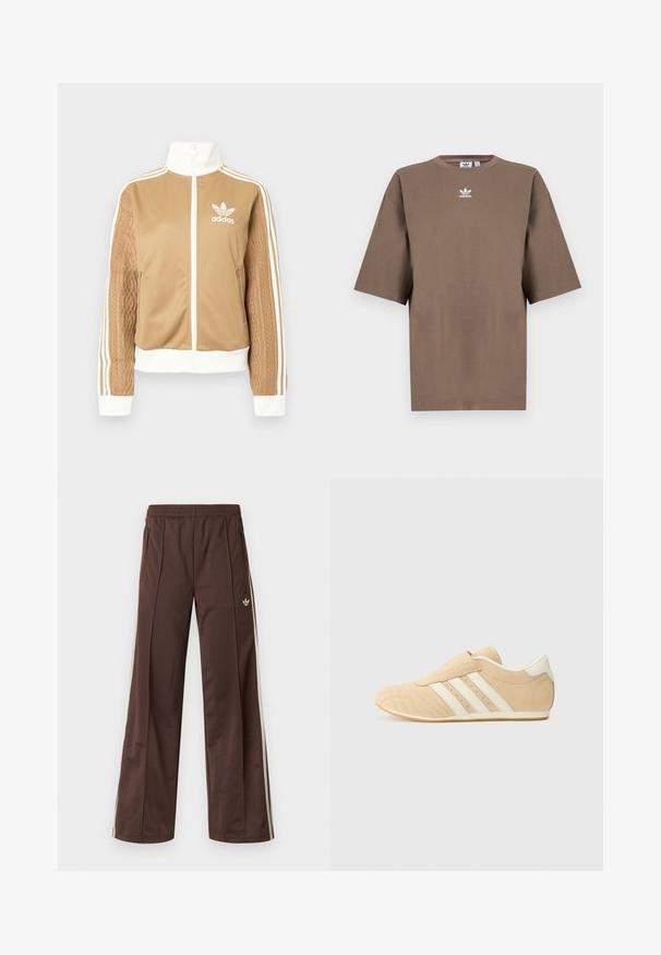 Casaco de fecho éclair em tom de bege com detalhes brancos e três riscas brancas nas mangas. Apresenta um design texturizado na trama de uma das mangas. Logotipo da Adidas no peito.; T-shirt de algodão castanho com mangas curtas, decote redondo e logo branco da Adidas centrado no peitoral, apresentando um design simples e um corte descontraído.; Calças desportivas castanhas com design de perna larga, riscas laterais brancas, cintura elástica e dois bolsos laterais. Apresentam um pequeno logótipo na perna.; Tênis atléticos em tons de bege e creme, com um superior de couro liso, três riscas brancas de um lado e um bico arredondado. Superior texturizado com perfurações.