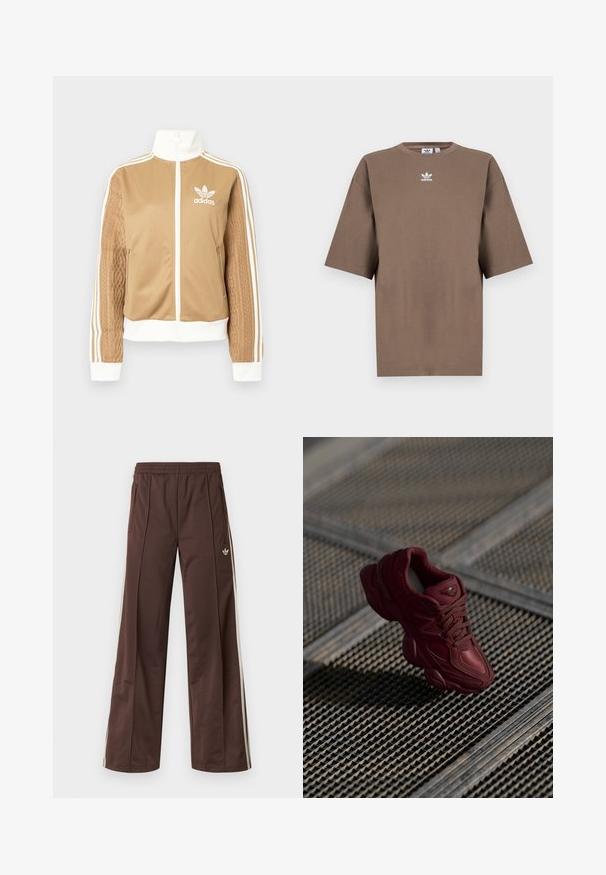 Casaco de fecho éclair em tom de bege com detalhes brancos e três riscas brancas nas mangas. Apresenta um design texturizado na trama de uma das mangas. Logotipo da Adidas no peito.; T-shirt de algodão castanho com mangas curtas, decote redondo e logo branco da Adidas centrado no peitoral, apresentando um design simples e um corte descontraído.; Calças desportivas castanhas com design de perna larga, riscas laterais brancas, cintura elástica e dois bolsos laterais. Apresentam um pequeno logótipo na perna.; Sapatilhas burgundy com um acabamento texturizado, design de atacadores e contornos de sola pronunciados. Apresenta logótipos e detalhes em material sintético sem emendas.