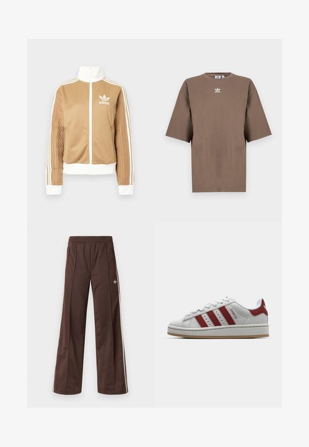 Veste zippée tan avec des accents blancs et trois rayures blanches sur les manches. Présente un design tissé texturé sur une manche. Logo Adidas sur la poitrine.; T-shirt en coton marron à manches courtes, col rond et logo Adidas blanc centré sur la poitrine, avec un design épuré et une coupe décontractée.; Pantalon de sport marron à jambes larges, avec des bandes blanches sur les côtés, une taille élastique et deux poches latérales. Présente un petit logo sur la jambe.; Basket en daim blanc avec trois rayures rouges, bout rond, semelle plate et col rembourré. Présente le texte "CAMPUS" sur le côté.