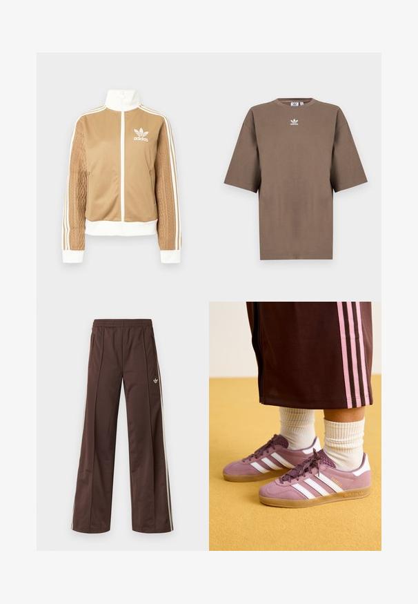 Brun zip-up jakke med hvite detaljer og tre hvite striper på ermene. Har et teksturert vevd design på den ene ermen. Adidas-logo på brystet.; Brun bomulls t-skjorte med korte ermer, rund hals og hvit Adidas-logo sentrert på brystet, med ensartet design og avslappet passform.; Brune treningsbukser med vid ben-design, hvite sidestriper, elastisk midje og to sidelommer. Har en liten logo på benet.; Lilla semskede sneakers med hvite striper, gummisåle og teksturerte detaljer, kombinert med ribbestrikkede hvite sokker og brune treningbukser med rosa striper.