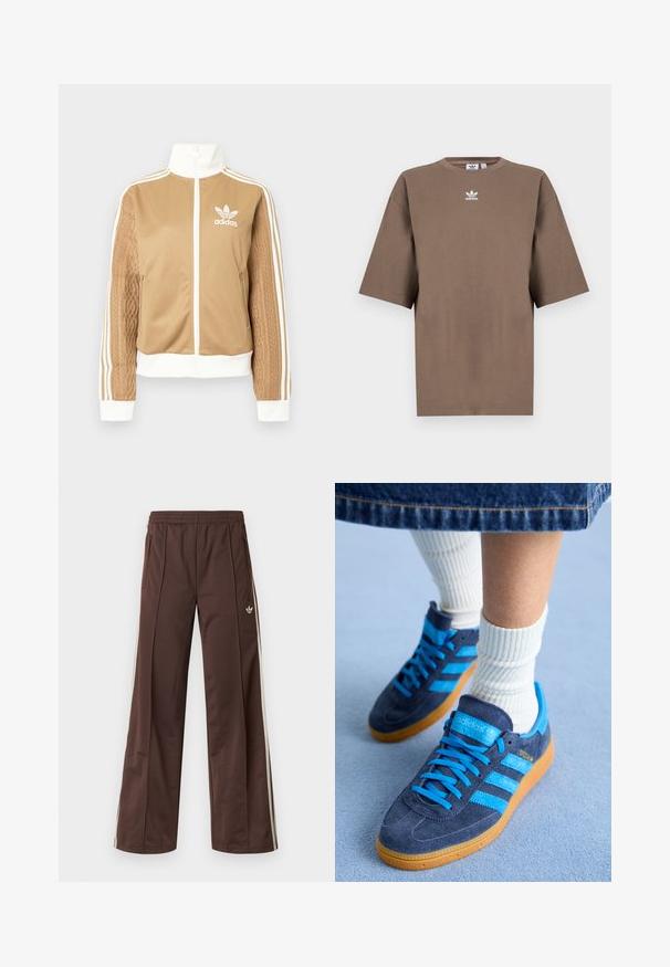 Casaco de fecho éclair em tom de bege com detalhes brancos e três riscas brancas nas mangas. Apresenta um design texturizado na trama de uma das mangas. Logotipo da Adidas no peito.; T-shirt de algodão castanho com mangas curtas, decote redondo e logo branco da Adidas centrado no peitoral, apresentando um design simples e um corte descontraído.; Calças desportivas castanhas com design de perna larga, riscas laterais brancas, cintura elástica e dois bolsos laterais. Apresentam um pequeno logótipo na perna.; adidas Originals HANDBALL SPEZIAL - Sapatilhas - night indigo/bright blue