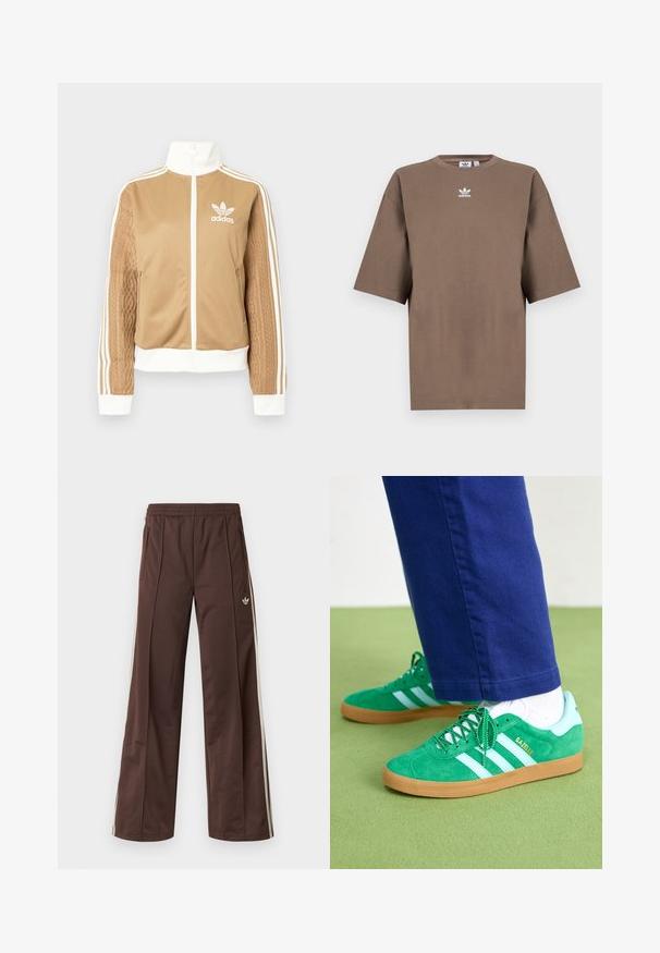 Ruda zip-up striukė su baltais akcentais ir trimis baltais dryžiais ant rankovių. Vienoje rankovėje yra tekstūruotas audinys. Adidas logotipas ant krūtinės.; Ruda medvilninė marškinėliai su trumpomis rankovėmis, apvaliu kaklu ir baltu Adidas logotipu, esančiu viduryje krūtinės, pasižymintys paprastu dizainu ir laisvu sijonu.; Rudos sportinės kelnės su plačiomis kojų dalimis, baltais šoninėmis juostelėmis, elastingu liemeniu ir dviem šoninėmis kišenėmis. Kojyje yra mažas logotipas.; Žalios suedinės sportbačiai su baltais juostelėmis ir akcentais, gumele išsiskirianti apačia, su žalios spalvos raišteliais ir ženklu šone.