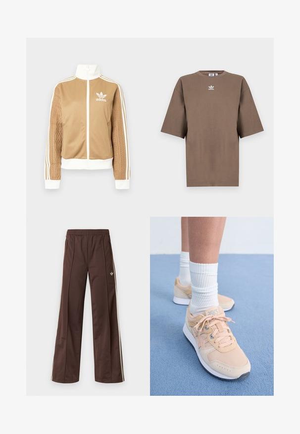Tan zip-up jacket with white accents and three white stripes on sleeves. Features textured woven design on one sleeve. Adidas logo on chest.; Brown cotton t-shirt with short sleeves, round neck, and white Adidas logo centered at the chest, featuring a plain design and relaxed fit.; Brown athletic pants with a wide-leg design, white side stripes, an elastic waistband, and two side pockets. Features small logo on the leg.; Light peach athletic shoes with textile upper, white rubber sole, and lace-up design. Paired with ribbed white socks and set on a blue surface.