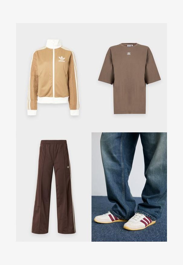 Ruda zip-up striukė su baltais akcentais ir trimis baltais dryžiais ant rankovių. Vienoje rankovėje yra tekstūruotas audinys. Adidas logotipas ant krūtinės.; Ruda medvilninė marškinėliai su trumpomis rankovėmis, apvaliu kaklu ir baltu Adidas logotipu, esančiu viduryje krūtinės, pasižymintys paprastu dizainu ir laisvu sijonu.; Rudos sportinės kelnės su plačiomis kojų dalimis, baltais šoninėmis juostelėmis, elastingu liemeniu ir dviem šoninėmis kišenėmis. Kojyje yra mažas logotipas.; Baltie sportbačiai su bordo juostelėmis, tekstūruota oda ir tinklu, derinami su laisvo kirpimo mėlynomis džinsomis. Minkšti guminiai padas, kasdienis stilius.