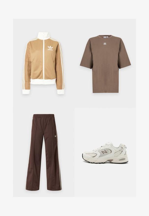 Tan zip-up jacket with white accents and three white stripes on sleeves. Features textured woven design on one sleeve. Adidas logo on chest.; Brown cotton t-shirt with short sleeves, round neck, and white Adidas logo centered at the chest, featuring a plain design and relaxed fit.; Brown athletic pants with a wide-leg design, white side stripes, an elastic waistband, and two side pockets. Features small logo on the leg.; White mesh running shoe with gray accents, rounded toe, lace-up design, cushioned sole, and a prominent "N" logo on the side.