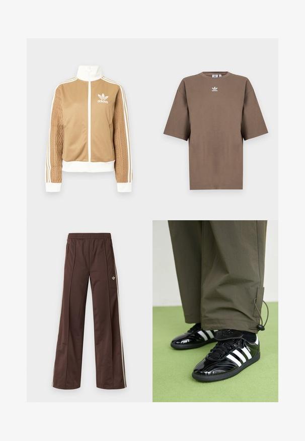 Jachetă zip-up de culoare bej cu accente albe și trei dungi albe pe mâneci. Prezintă un design țesut texturat pe o mânecă. Logo-ul Adidas pe piept.; Tricou din bumbac de culoare maronie, cu mâneci scurte, guler rotund și logo-ul alb Adidas centrat pe piept, având un design simplu și o croială relaxată.; Pantaloni atletici maro cu design cu picior larg, dungi laterale albe, talie elastică și două buzunare laterale. Prezintă un logo mic pe picior.; Tenisi din piele patentă neagră cu trei dungi albe, șireturi negre și talpă texturată neagră, asortați cu pantaloni de culoare verde măslinie.