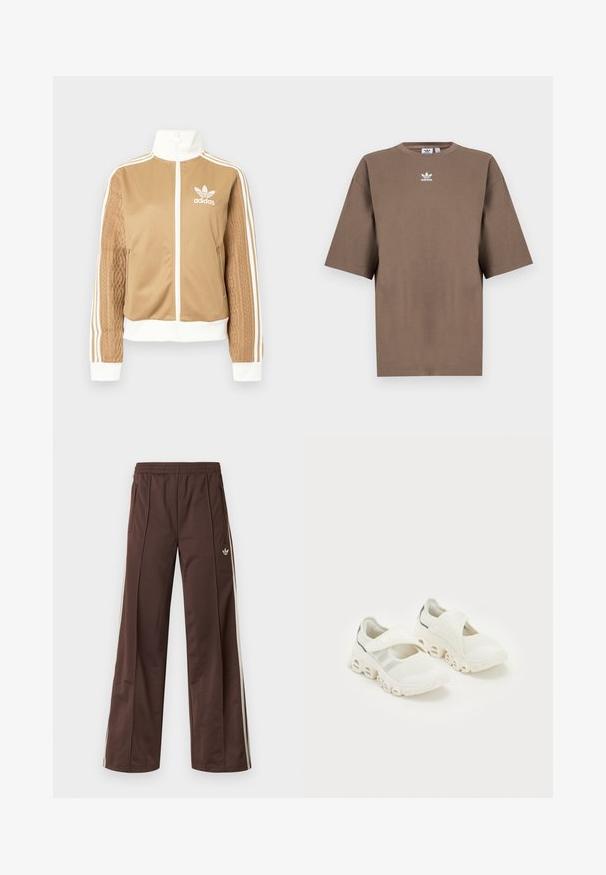 Hnědá zipová bunda s bílými akcenty a třemi bílými pruhy na rukávech. Obsahuje texturovaný tkaný design na jednom rukávu. Logo Adidas na hrudi.; Hnědé bavlněné tričko s krátkým rukávem, kulatým výstřihem a bílým logem Adidas umístěným uprostřed hrudi, s jednoduchým designem a uvolněným střihem.; Hnědé sportovní kalhoty s širokými nohavicemi, bílými pruhy po stranách, elastickým pasem a dvěma bočními kapsami. Na nohavici je malá značka.; Bílé síťované sportovní boty se zapínáním na pásek, polstrovanou oporou kotníku a výrazným zakřiveným designem podrážky s vyhloubenými sekcemi.