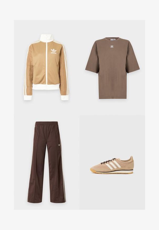 Brun zip-up jakke med hvite detaljer og tre hvite striper på ermene. Har et teksturert vevd design på den ene ermen. Adidas-logo på brystet.; Brun bomulls t-skjorte med korte ermer, rund hals og hvit Adidas-logo sentrert på brystet, med ensartet design og avslappet passform.; Brune treningsbukser med vid ben-design, hvite sidestriper, elastisk midje og to sidelommer. Har en liten logo på benet.; Brune semskede og mesh sko med brune snørebånd og tre hvite striper. Kombinert med grønne og hvite stripesbukser, hvilende på en blå overflate.