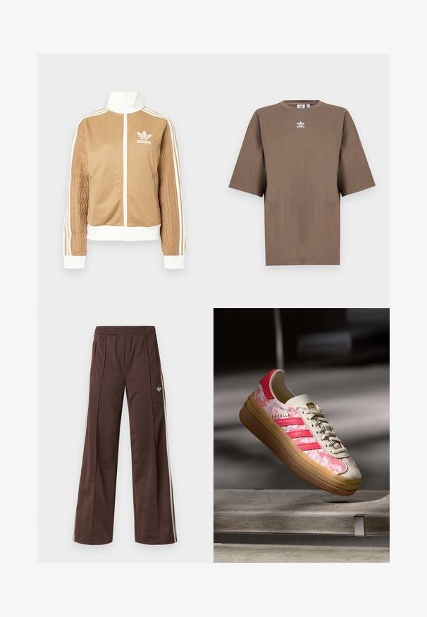 Hnedá mikina na zips s bielymi akcentmi a tromi bielymi pruhmi na rukávoch. Obsahuje textúrovaný tkaný vzor na jednom rukáve. Logo Adidas na hrudi.; Hnedé bavlnené tričko s krátkymi rukávmi, okrúhlym výstrihom a bielym logom Adidas umiestneným na hrudi, s jednoduchým dizajnom a voľným strihom.; Hnedé športové nohavice so širokým strihom nohavíc, bielymi bočnými pásmi, elastickým pásom a dvoma bočnými vreckami. Na nohavici je malá značka.; Tenisky s ružovým vzorom, s mäkkým vrchom z of-white kože, tromi ružovými pruhmi a gumenou podrážkou. Zlato-tlačené logo na jazyku.