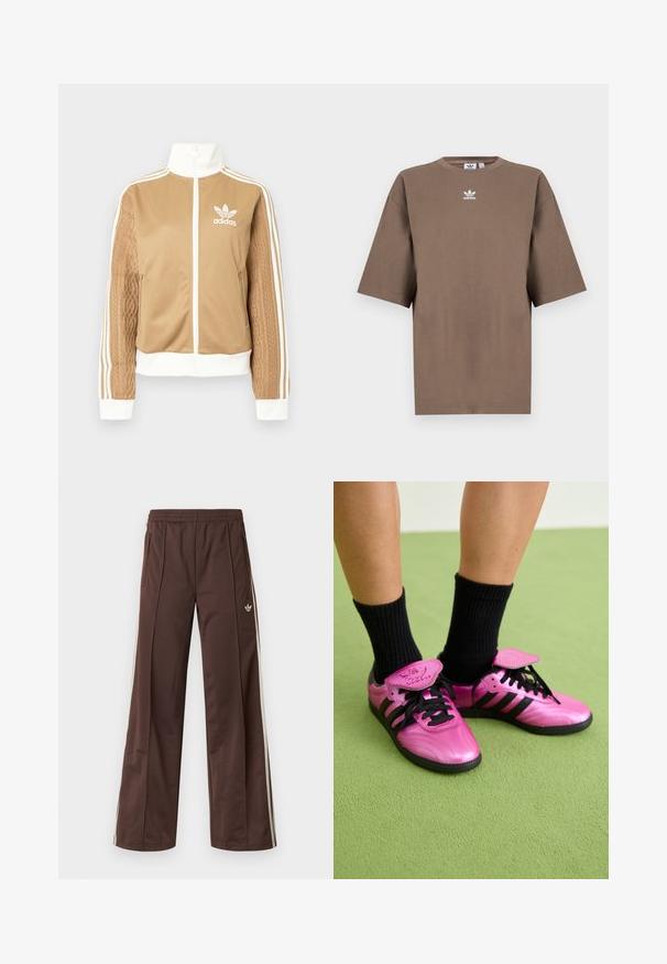 Tan zip-up jacket with white accents and three white stripes on sleeves. Features textured woven design on one sleeve. Adidas logo on chest.; Brown cotton t-shirt with short sleeves, round neck, and white Adidas logo centered at the chest, featuring a plain design and relaxed fit.; Brown athletic pants with a wide-leg design, white side stripes, an elastic waistband, and two side pockets. Features small logo on the leg.; Pink synthetic athletic shoes with black laces and accents, featuring a glossy finish and a prominent logo on the tongue, worn with black socks.