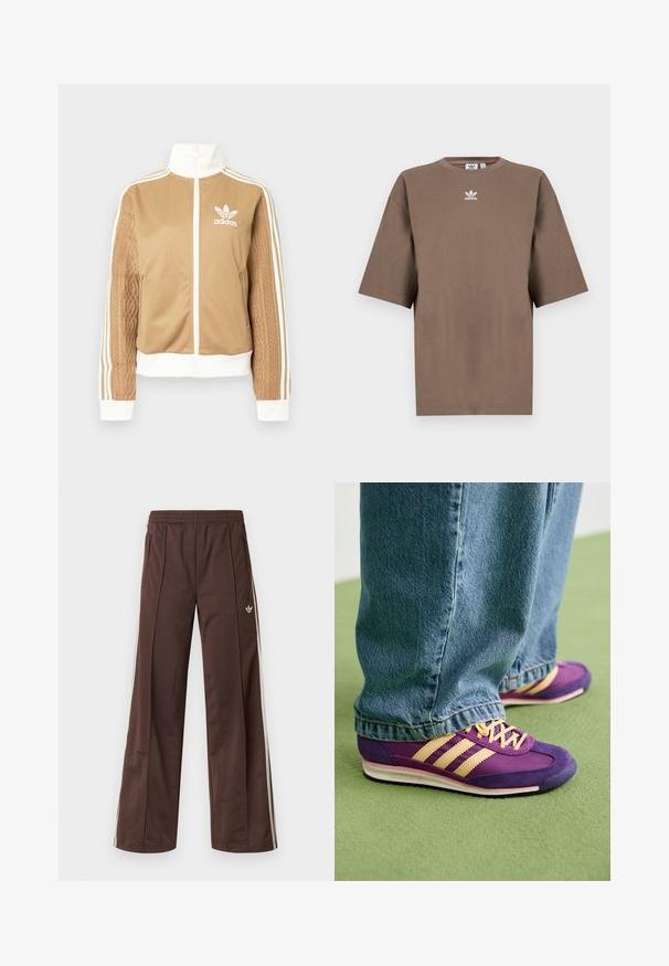 Casaco de fecho éclair em tom de bege com detalhes brancos e três riscas brancas nas mangas. Apresenta um design texturizado na trama de uma das mangas. Logotipo da Adidas no peito.; T-shirt de algodão castanho com mangas curtas, decote redondo e logo branco da Adidas centrado no peitoral, apresentando um design simples e um corte descontraído.; Calças desportivas castanhas com design de perna larga, riscas laterais brancas, cintura elástica e dois bolsos laterais. Apresentam um pequeno logótipo na perna.; Pessoa a usar sapatilhas Adidas roxas e beges com atacadores, de pé sobre um tapete verde, vestindo jeans de ganga azuis que cobrem os topos dos sapatos.