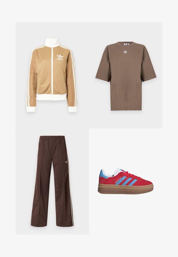 Casaco de fecho éclair em tom de bege com detalhes brancos e três riscas brancas nas mangas. Apresenta um design texturizado na trama de uma das mangas. Logotipo da Adidas no peito.; T-shirt de algodão castanho com mangas curtas, decote redondo e logo branco da Adidas centrado no peitoral, apresentando um design simples e um corte descontraído.; Calças desportivas castanhas com design de perna larga, riscas laterais brancas, cintura elástica e dois bolsos laterais. Apresentam um pequeno logótipo na perna.; adidas Originals GAZELLE BOLD - Sapatilhas - active pink semi blue burst cloud white