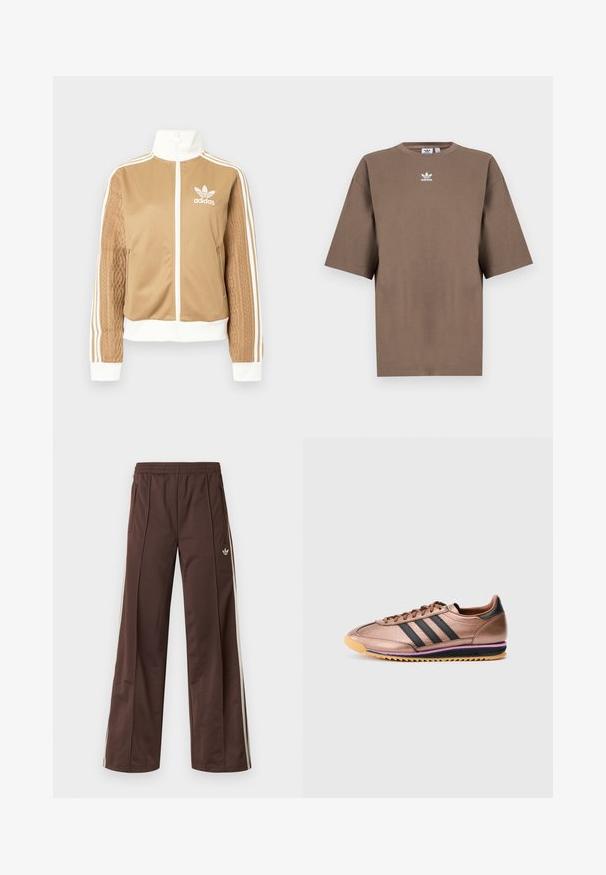 Kraevis sisekavaga jakki valgete aktsentidega ja kolme valge triibuga varrukatel. Ühel varrukal on tekstureeritud kootud muster. Adidas'i logo rinnal.; Pruun puuvillane T-särk lühikeste varrukatega, ümar kaelus ja valge Adidas'i logo keskpunktis rinnal, lihtne disain ja mugav lõige.; Pruunid sportpüksid laiade säärtega, valgete küljeribadega, elastse vöökohaga ja kahe küljetaskuga. Jalal on väike logo.; Pronksist spordijalats, millel on kolm musta triipu, sujuva tekstuuriga, paeltega disain, kontrastne helepruun tallaga, millel on lilla aktsent, retro stiil.