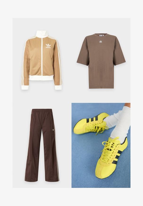 Ruda zip-up striukė su baltais akcentais ir trimis baltais dryžiais ant rankovių. Vienoje rankovėje yra tekstūruotas audinys. Adidas logotipas ant krūtinės.; Ruda medvilninė marškinėliai su trumpomis rankovėmis, apvaliu kaklu ir baltu Adidas logotipu, esančiu viduryje krūtinės, pasižymintys paprastu dizainu ir laisvu sijonu.; Rudos sportinės kelnės su plačiomis kojų dalimis, baltais šoninėmis juostelėmis, elastingu liemeniu ir dviem šoninėmis kišenėmis. Kojyje yra mažas logotipas.; Ryškiai geltonos sportinės batelės su juodomis juostelėmis ir raišteliais; turi tekstūruotą viršutinę dalį ir zomšos akcentus. Dėvimos su baltais juostuotais kojinėmis.