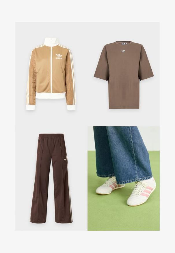 Brun zip-up jakke med hvite detaljer og tre hvite striper på ermene. Har et teksturert vevd design på den ene ermen. Adidas-logo på brystet.; Brun bomulls t-skjorte med korte ermer, rund hals og hvit Adidas-logo sentrert på brystet, med ensartet design og avslappet passform.; Brune treningsbukser med vid ben-design, hvite sidestriper, elastisk midje og to sidelommer. Har en liten logo på benet.; Hvite sportsko med rosa striper, teksturert lær og flat gummisåle, parret med vide denimbukser på et grønt gulv.