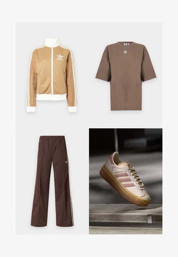 Brun zip-up jakke med hvite detaljer og tre hvite striper på ermene. Har et teksturert vevd design på den ene ermen. Adidas-logo på brystet.; Brun bomulls t-skjorte med korte ermer, rund hals og hvit Adidas-logo sentrert på brystet, med ensartet design og avslappet passform.; Brune treningsbukser med vid ben-design, hvite sidestriper, elastisk midje og to sidelommer. Har en liten logo på benet.; Hvite sued sneakers med rosa aksenter, med tre striper og en gull-logo. Teksturert tåhette og en brun gummisåle. Klassisk design.