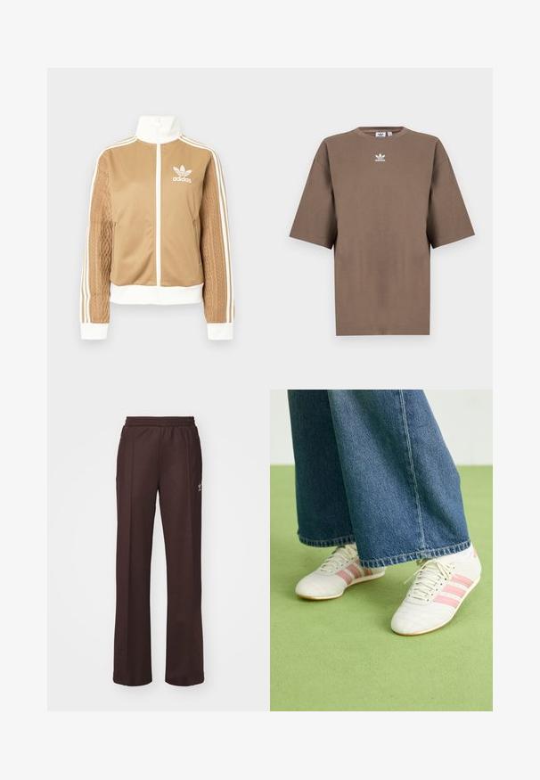 Κίτρινη ζακέτα με φερμουάρ και λευκές λεπτομέρειες, με τρεις λευκές ρίγες στα μανίκια. Διαθέτει υφαντή υφή σε ένα μανίκι. Λογότυπο Adidas στο στήθος.; Καφέ βαμβακερό μπλουζάκι με κοντά μανίκια, στρογγυλή λαιμόκοψη και λευκό λογότυπο Adidas κεντραρισμένο στο στήθος, με απλό σχέδιο και χαλαρή γραμμή.; Καφέ αθλητικά παντελόνια με ελαστική μέση, δύο πλαϊνές τσέπες και μικρό λογότυπο στην αριστερή πλευρά, κατασκευασμένα από μαλακό ύφασμα.; Λευκά αθλητικά παπούτσια με ροζ λωρίδες, υφασμάτινο δέρμα και επίπεδη ελαστική σόλα, συνδυασμένα με φαρδιά τζιν παντελόνια σε πράσινο δάπεδο.
