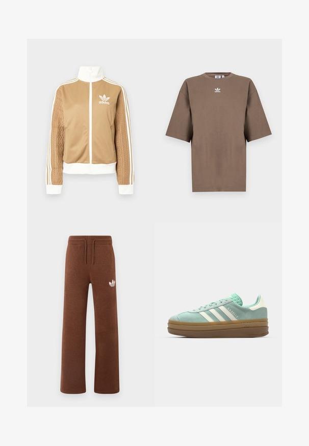 Κίτρινη ζακέτα με φερμουάρ και λευκές λεπτομέρειες, με τρεις λευκές ρίγες στα μανίκια. Διαθέτει υφαντή υφή σε ένα μανίκι. Λογότυπο Adidas στο στήθος.; Καφέ βαμβακερό μπλουζάκι με κοντά μανίκια, στρογγυλή λαιμόκοψη και λευκό λογότυπο Adidas κεντραρισμένο στο στήθος, με απλό σχέδιο και χαλαρή γραμμή.; Καφέ φόρμες από μαλακό ύφασμα με χαλαρή εφαρμογή, διαθέτοντας ελαστική μέση, κορδόνι προσαρμογής και λευκό λογότυπο στο αριστερό μηρό.; adidas Originals GAZELLE BOLD - Αθλητικά παπούτσια - ash green/off white