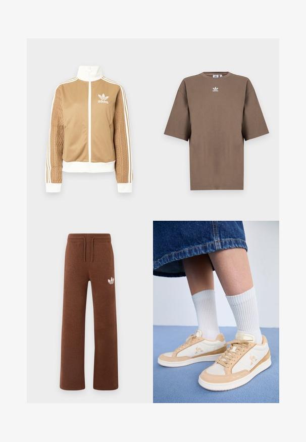 Tan zip-up jacket with white accents and three white stripes on sleeves. Features textured woven design on one sleeve. Adidas logo on chest.; Brown cotton t-shirt with short sleeves, round neck, and white Adidas logo centered at the chest, featuring a plain design and relaxed fit.; Brown sweatpants in soft fabric with a relaxed fit, featuring an elastic waistband, drawstring, and a white logo on the left thigh.; Sneakers with a beige and cream color scheme, featuring suede and leather materials. Design includes a logo on the side and laces.