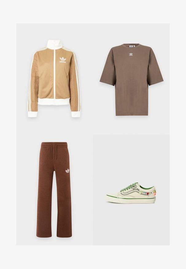 Tan-zip-Jacke mit weißen Akzenten und drei weißen Streifen an den Ärmeln. Besitzt ein strukturiertes Gewebedesign an einem Ärmel. Adidas-Logo auf der Brust.; Braunes Baumwoll-T-Shirt mit kurzen Ärmeln, Rundhals und weißem Adidas-Logo, das zentral auf der Brust platziert ist. Das Design ist schlicht und der Schnitt ist locker.; Braune Sweatpants aus weichem Stoff mit lockerem Schnitt, ausgestattet mit einem elastischen Bund, einem Kordelzug und einem weißen Logo am linken Oberschenkel.; Vans OLD SKOOL COCONA - Sneaker low - cream
