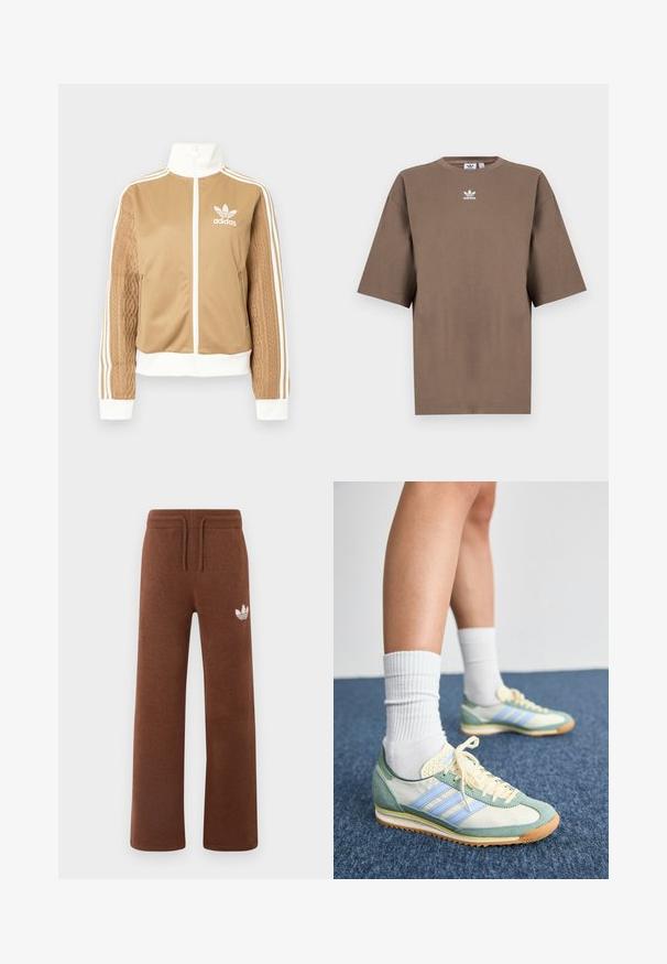 Zipper športna bunda v rjavi barvi z belimi dodatki in tremi belimi črtami na rokavih. Ima strukturiran tkaninski vzorec na enem rokavu. Adidasov logotip na prsih.; Brahna bomba majica s kratkimi rokavi, okroglo ovratnikom in belim Adidasovim logotipom v sredini prsnega dela, z enostavnim dizajnom in sproščenim krojem.; Rjave trenirke iz mehkega materiala s sproščenim krojem, ki imajo elastičen pas, vrvico in bel logotip na levem stegnu.; Tenisice v kombinaciji mete zeleni semiš in krem usnje, z lahkimi modrimi črtami, belimi vezalkami in teksturiranim rumenim mrežastim jezikom.