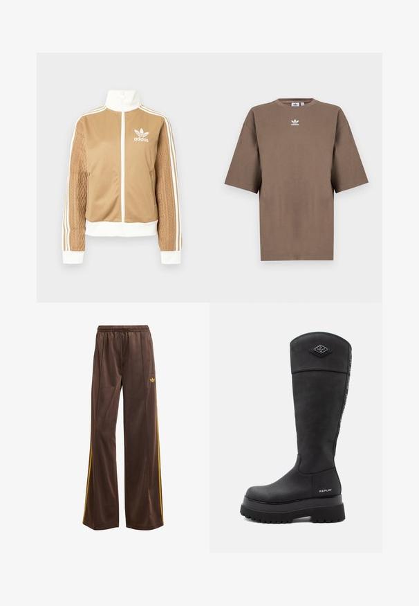 Barna, cipzáras dzseki fehér díszítésekkel és három fehér csíkkal a hajtókákon. Az egyik hajtókán texturált szövet mintázat található. Az Adidas logo a mellkason.; Barna pamut póló rövid ujjakkal, kerek nyakkal és fehér Adidas logóval a mellkason, egyszerű dizájnnal és laza szabással.; Barna sportnadrág, laza szabással, sárga oldalsávokkal és rugalmas derékrésszel. Simább, könnyű anyagból készült.; Fekete, térd felettig érő bőr csizma vastag lug talppal, "Replay" logóval a sarkán és az elején, valamint márkás csíkkal a hátsó részén.