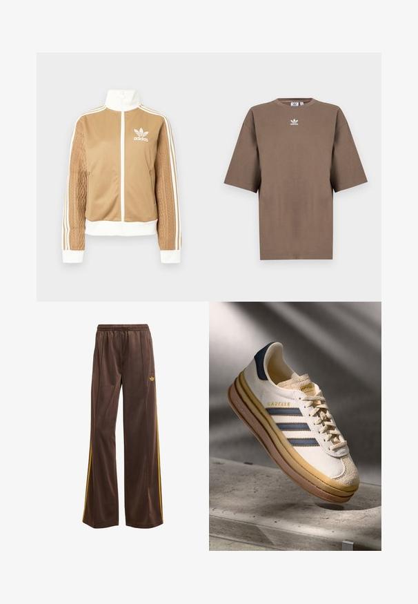 Casaco de fecho éclair em tom de bege com detalhes brancos e três riscas brancas nas mangas. Apresenta um design texturizado na trama de uma das mangas. Logotipo da Adidas no peito.; T-shirt de algodão castanho com mangas curtas, decote redondo e logo branco da Adidas centrado no peitoral, apresentando um design simples e um corte descontraído.; Calças atléticas castanhas com um corte solto, apresentando riscas laterais amarelas e um cós elástico. Feitas de um material liso e leve.; Sapatilha Adidas Gazelle com parte superior em camurça creme, detalhes em couro azul, três riscas azuis, entresola bege e sola de borracha castanha.