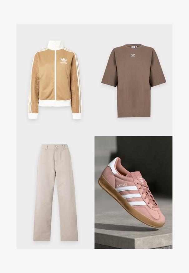 Chaqueta con cremallera en tono marrón y acentos en blanco, con tres rayas blancas en las mangas. Presenta un diseño texturizado tejido en una de las mangas. Logo de Adidas en el pecho.; Camiseta de algodón marrón con mangas cortas, cuello redondo y logo blanco de Adidas centrado en el pecho, con un diseño liso y un ajuste relajado.; Pantalones rectos beige hechos de algodón suave. Cuenta con un cierre de botón, trabillas para el cinturón y bolsillos laterales. Diseño simple y limpio.; Zapatilla de ante rosa con rayas blancas, suela de goma, upper texturizado y logo en la lengua. Diseño clásico de corte bajo.