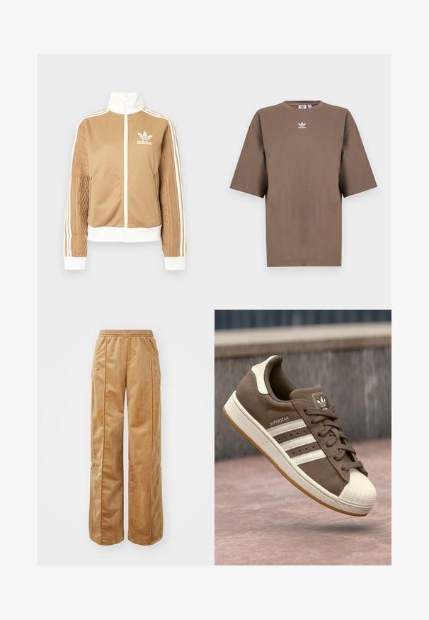 Ruda zip-up striukė su baltais akcentais ir trimis baltais dryžiais ant rankovių. Vienoje rankovėje yra tekstūruotas audinys. Adidas logotipas ant krūtinės.; Ruda medvilninė marškinėliai su trumpomis rankovėmis, apvaliu kaklu ir baltu Adidas logotipu, esančiu viduryje krūtinės, pasižymintys paprastu dizainu ir laisvu sijonu.; Kreminės pločio kojų kelnės, pagamintos iš švelnaus, veliūrinio audinio. Yra elastinga juosmens juosta ir vertikalios siūlės priekyje, suteikiančios papildomo akcento.; Rudi suede sportbačiai su baltais dryžiais, kreminėmis detalėmis ir guminiu pirštu. Sukurti palaidų raištelių dizaino ir tekstūruotais guminiais padais.