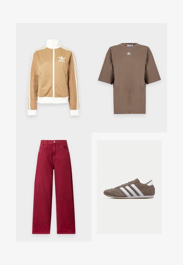 Brun zip-up jakke med hvite detaljer og tre hvite striper på ermene. Har et teksturert vevd design på den ene ermen. Adidas-logo på brystet.; Brun bomulls t-skjorte med korte ermer, rund hals og hvit Adidas-logo sentrert på brystet, med ensartet design og avslappet passform.; Videbukser i en dyp burgunderfarge, laget av robust denim, med frontlommer og belteknapplukking i livet.; Brune suedette sportsko med hvite striper, rund tå, snørebånddesign og såle av gummi. Teksturert overdel med sømdetaljer.