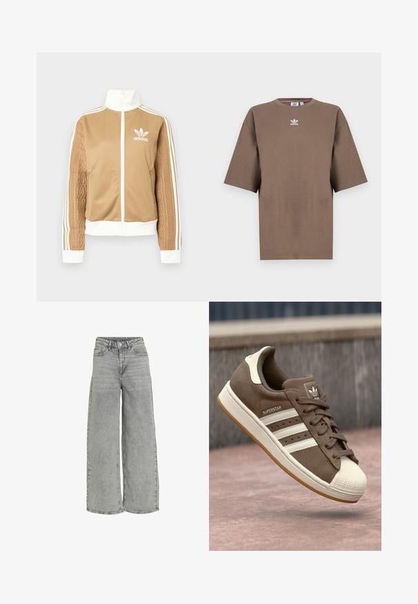 Kraevis sisekavaga jakki valgete aktsentidega ja kolme valge triibuga varrukatel. Ühel varrukal on tekstureeritud kootud muster. Adidas'i logo rinnal.; Pruun puuvillane T-särk lühikeste varrukatega, ümar kaelus ja valge Adidas'i logo keskpunktis rinnal, lihtne disain ja mugav lõige.; Heled hallid teksad avara säärega, millel on kõrge vöökoht, kaks esikotti ja kerge tuhm tekstuur. Klassikaline nööbi ja tõmbluku sulgemine.; Pruunist nubukist tennisjalanõud valgete triipude, kreemjate aktsentide ja kummist toe-kate'ga. Omab nööridega sulgemist ja tekstuurset kummist talla.