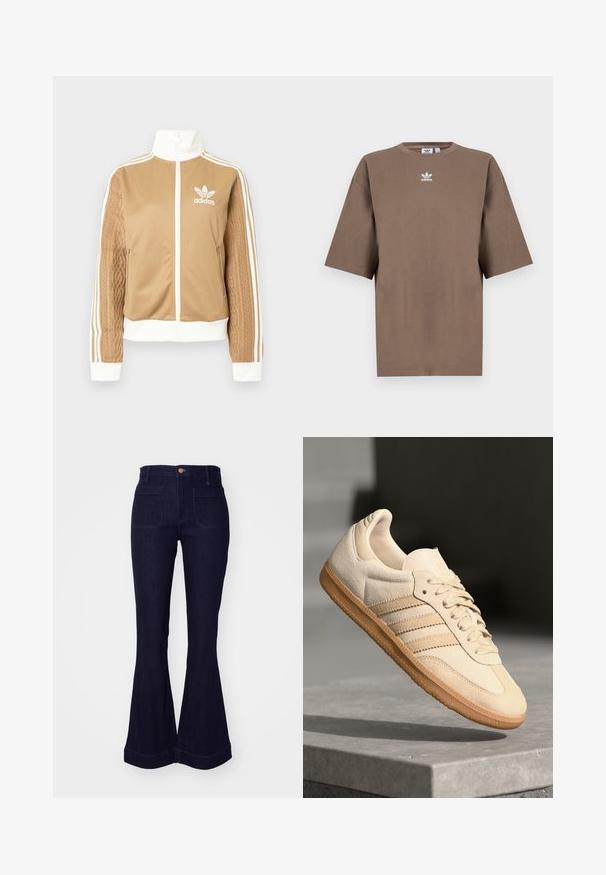 Brun zip-up jakke med hvite detaljer og tre hvite striper på ermene. Har et teksturert vevd design på den ene ermen. Adidas-logo på brystet.; Brun bomulls t-skjorte med korte ermer, rund hals og hvit Adidas-logo sentrert på brystet, med ensartet design og avslappet passform.; Mørkeblå denim flared jeans med høy midje, to baklommer og sømdetaljer langs sømmene og nederkanten.; Lys beige suedette sneakers med gummisåle, tre diagonale striper og en teksturert tåhette. Har logo på tungen og siden.