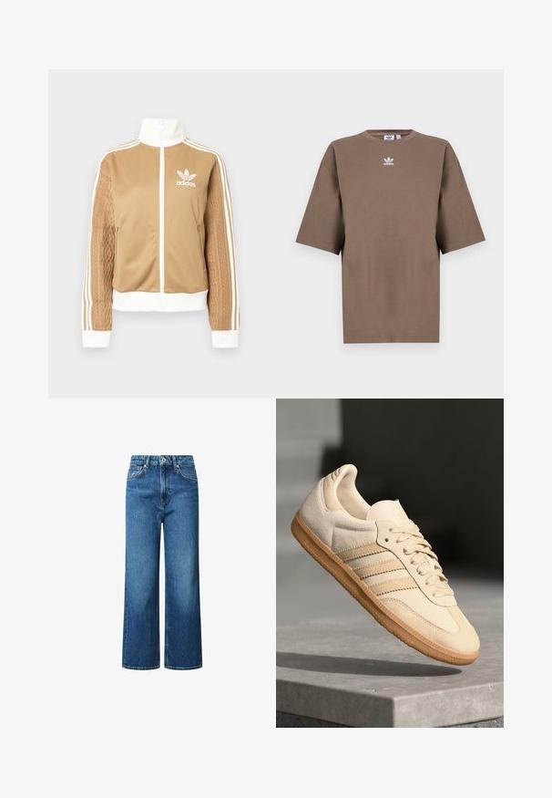 Zipper športna bunda v rjavi barvi z belimi dodatki in tremi belimi črtami na rokavih. Ima strukturiran tkaninski vzorec na enem rokavu. Adidasov logotip na prsih.; Brahna bomba majica s kratkimi rokavi, okroglo ovratnikom in belim Adidasovim logotipom v sredini prsnega dela, z enostavnim dizajnom in sproščenim krojem.; Široke jeans hlače iz modrega denima, z visokim pasom, sprednjim gumbom za zapiranje in oblikovanimi šivi. Brez vzorcev ali okrasnih elementov.; Svetlo bež semišni športni copat z gumijastim podplatom, trije poševni trakovi in teksturiran zaščitni del. Vsebuje logotip na ježku in strani.