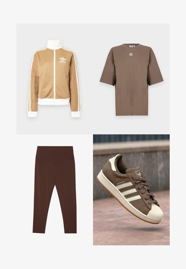 Tā tan krāsa zip-up jakas ar baltajiem akcentiem un trim baltām svītrām uz piedurknēm. Izceļas ar teksturētu aušanas dizainu uz vienas piedurknes. Adidas logo uz krūšu daļas.; Brūna kokvilnas T-krekls īsām piedurknēm, apaļa kakla izgriezums, ar baltu Adidas logo centrā krūtīs, ar vienkāršu dizainu un brīvu piegriezumu.; Brūnas, vidēji augstas legingas, izgatavotas no elastīga auduma ar gludu tekstūru. Tām ir minimāla šuvju struktūra un pieguļoša dizaina.; Brūni zamšādas sporta apavi ar baltām svītrām, krēmkrāsas akcentiem un gumijas purngalu. Piedāvā saistīšanas dizainu un teksturētu gumijas zoli.