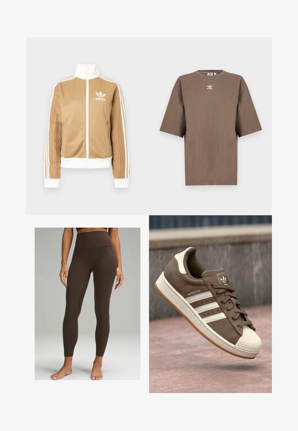Tan zip-up jacket with white accents and three white stripes on sleeves. Features textured woven design on one sleeve. Adidas logo on chest.; Brown cotton t-shirt with short sleeves, round neck, and white Adidas logo centered at the chest, featuring a plain design and relaxed fit.; lululemon ALIGN™ HIGH-RISE 71CM - Leggings - espresso; Brown suede sneaker with white stripes, cream accents, and a rubber shell toe. Features lace-up design and textured gum sole.
