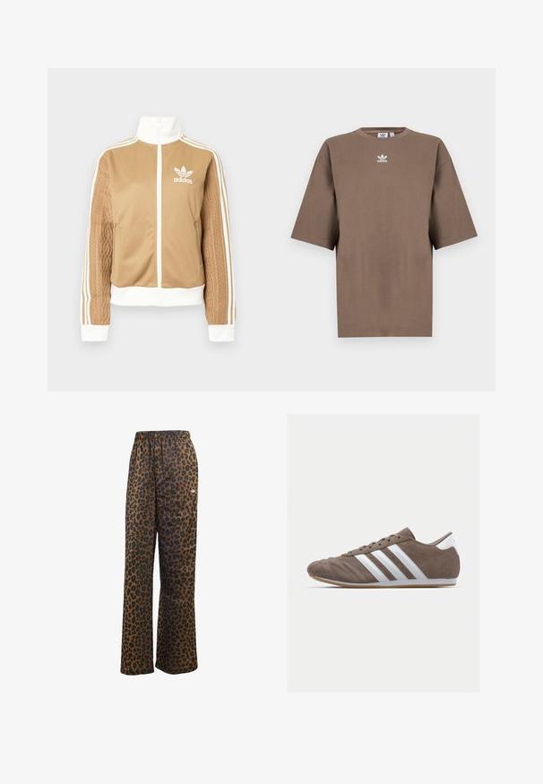 Tan zip-up jacket with white accents and three white stripes on sleeves. Features textured woven design on one sleeve. Adidas logo on chest.; Brown cotton t-shirt with short sleeves, round neck, and white Adidas logo centered at the chest, featuring a plain design and relaxed fit.; adidas Originals WIDE LEG LEO PRINT SATIN PANTS - Tracksuit bottoms - multicolor bronze strata; Brown suede athletic shoe with white stripes, round toe, lace-up design, and gum rubber sole. Textured upper with stitching details.
