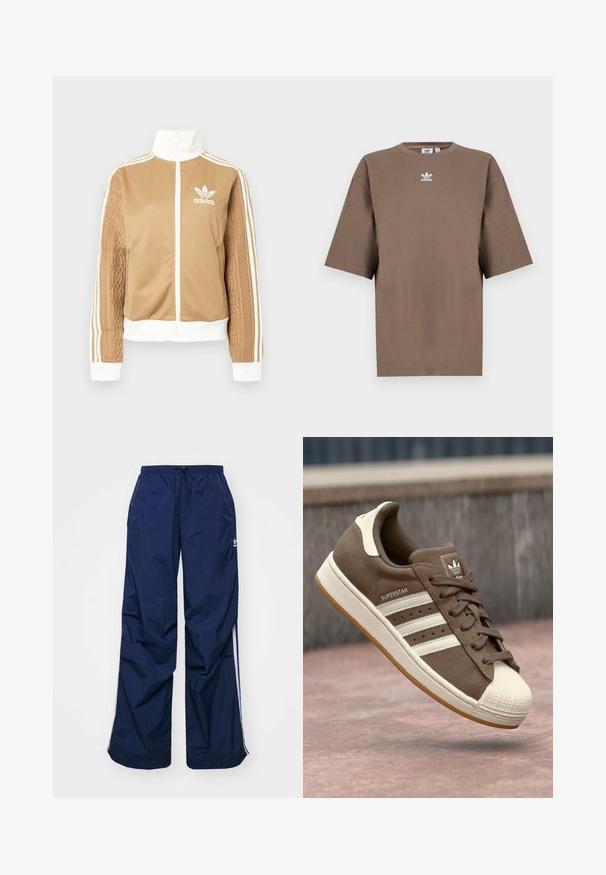 Casaco de fecho éclair em tom de bege com detalhes brancos e três riscas brancas nas mangas. Apresenta um design texturizado na trama de uma das mangas. Logotipo da Adidas no peito.; T-shirt de algodão castanho com mangas curtas, decote redondo e logo branco da Adidas centrado no peitoral, apresentando um design simples e um corte descontraído.; Calças azul-marinho, leves, com cintura elástica e cordão, apresentando riscas brancas laterais e um pequeno logótipo na parte da frente. Design folgado.; Sapatilha de camurça castanha com riscas brancas, detalhes em creme e biqueira de borracha. Apresenta um design com atacadores e sola de borracha texturizada.