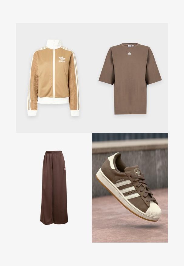 Zipper športna bunda v rjavi barvi z belimi dodatki in tremi belimi črtami na rokavih. Ima strukturiran tkaninski vzorec na enem rokavu. Adidasov logotip na prsih.; Brahna bomba majica s kratkimi rokavi, okroglo ovratnikom in belim Adidasovim logotipom v sredini prsnega dela, z enostavnim dizajnom in sproščenim krojem.; adidas Originals Spodnji deli trenirk - auburn cream white; Svetlo rjave semiš teniske z belimi črtami, kremnimi dodatki in gumijastim zaščitnim toe-delom. Imajo vezanje in teksturiran gumijast podplat.