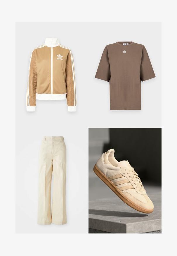 Casaco de fecho éclair em tom de bege com detalhes brancos e três riscas brancas nas mangas. Apresenta um design texturizado na trama de uma das mangas. Logotipo da Adidas no peito.; T-shirt de algodão castanho com mangas curtas, decote redondo e logo branco da Adidas centrado no peitoral, apresentando um design simples e um corte descontraído.; Calças largas bege com um cintura alta, apresentando um tecido liso e plissados frontais bem passados, em fundo branco liso.; Sapatilha de camurça bege clara com sola de borracha, três riscas diagonais e uma biqueira texturizada. Apresenta o logótipo na língua e na lateral.