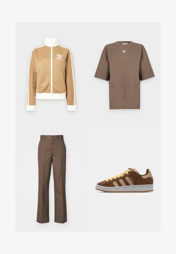 Tan zip-up jacket with white accents and three white stripes on sleeves. Features textured woven design on one sleeve. Adidas logo on chest.; Brown cotton t-shirt with short sleeves, round neck, and white Adidas logo centered at the chest, featuring a plain design and relaxed fit.; Brown cotton trousers with a straight-leg design, featuring a flat front and belt loops. Smooth texture, no visible patterns or accents.; adidas Originals CAMPUS 00S DOUBLE W - Trainers - preloved brown/sand strata/orange tint
