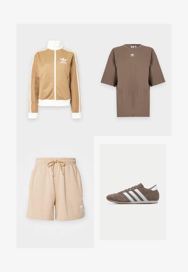 Casaco de fecho éclair em tom de bege com detalhes brancos e três riscas brancas nas mangas. Apresenta um design texturizado na trama de uma das mangas. Logotipo da Adidas no peito.; T-shirt de algodão castanho com mangas curtas, decote redondo e logo branco da Adidas centrado no peitoral, apresentando um design simples e um corte descontraído.; adidas Originals Calças de fato de treino - magic beige; Sapatilha de desporto de camurça castanha com riscas brancas, biqueira redonda, design de atacadores e sola de borracha de goma. Parte superior texturizada com detalhes em costura.