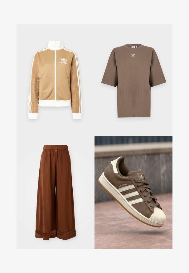 Zipper športna bunda v rjavi barvi z belimi dodatki in tremi belimi črtami na rokavih. Ima strukturiran tkaninski vzorec na enem rokavu. Adidasov logotip na prsih.; Brahna bomba majica s kratkimi rokavi, okroglo ovratnikom in belim Adidasovim logotipom v sredini prsnega dela, z enostavnim dizajnom in sproščenim krojem.; Široke rjave hlače iz teksturirane tkanine, z nabranim pasom in čipkastim detajlom na robu.; Svetlo rjave semiš teniske z belimi črtami, kremnimi dodatki in gumijastim zaščitnim toe-delom. Imajo vezanje in teksturiran gumijast podplat.