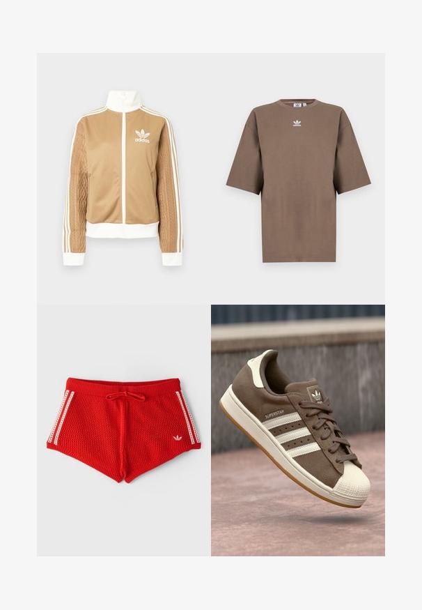 Ruda zip-up striukė su baltais akcentais ir trimis baltais dryžiais ant rankovių. Vienoje rankovėje yra tekstūruotas audinys. Adidas logotipas ant krūtinės.; Ruda medvilninė marškinėliai su trumpomis rankovėmis, apvaliu kaklu ir baltu Adidas logotipu, esančiu viduryje krūtinės, pasižymintys paprastu dizainu ir laisvu sijonu.; Raudoni megzti šortai su gumbuota juostele, virvute ir baltais šonais. Priekyje kairėje pusėje yra mažas baltas logotipas.; Rudi suede sportbačiai su baltais dryžiais, kreminėmis detalėmis ir guminiu pirštu. Sukurti palaidų raištelių dizaino ir tekstūruotais guminiais padais.