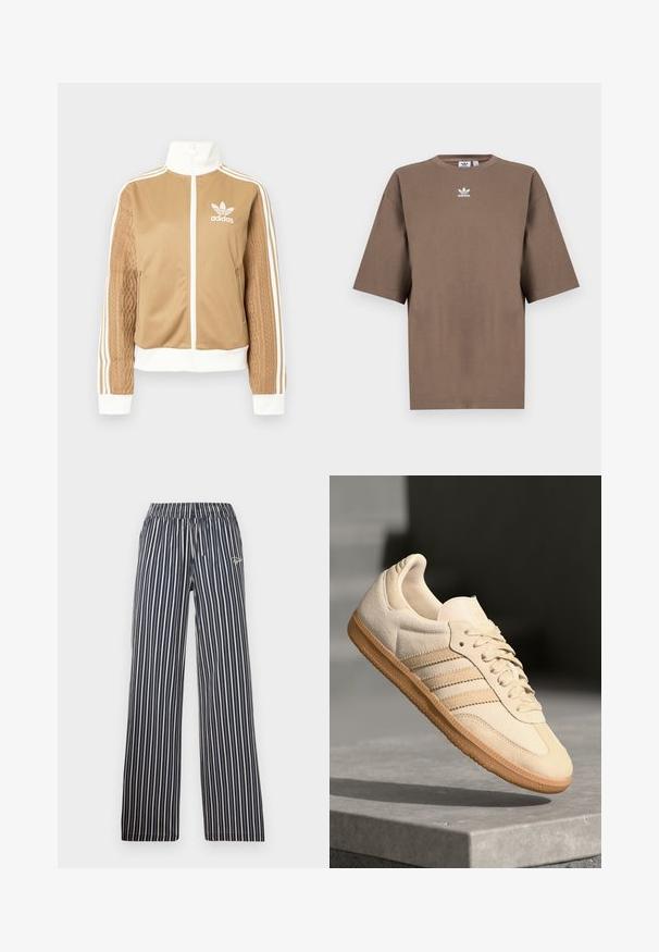 Zipper športna bunda v rjavi barvi z belimi dodatki in tremi belimi črtami na rokavih. Ima strukturiran tkaninski vzorec na enem rokavu. Adidasov logotip na prsih.; Brahna bomba majica s kratkimi rokavi, okroglo ovratnikom in belim Adidasovim logotipom v sredini prsnega dela, z enostavnim dizajnom in sproščenim krojem.; Modre in bele črtaste hlače z elastičnim pasom, širokimi nogavicami in vezenim logotipom na sprednjem levem boku.; Svetlo bež semišni športni copat z gumijastim podplatom, trije poševni trakovi in teksturiran zaščitni del. Vsebuje logotip na ježku in strani.