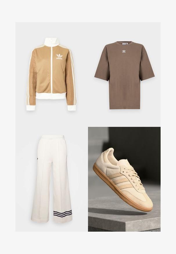 Barna, cipzáras dzseki fehér díszítésekkel és három fehér csíkkal a hajtókákon. Az egyik hajtókán texturált szövet mintázat található. Az Adidas logo a mellkason.; Barna pamut póló rövid ujjakkal, kerek nyakkal és fehér Adidas logóval a mellkason, egyszerű dizájnnal és laza szabással.; adidas Originals ADICOLOR NEUCLASSICS - Tréningruha alsók - white/black; Világos bézs velúr sportcipő, gumitalppal, három átlós csíkkal és texturált orral. A díszítés a nyelven és az oldalon található.