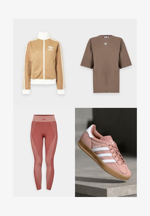 Veste zippée tan avec des accents blancs et trois rayures blanches sur les manches. Présente un design tissé texturé sur une manche. Logo Adidas sur la poitrine.; T-shirt en coton marron à manches courtes, col rond et logo Adidas blanc centré sur la poitrine, avec un design épuré et une coupe décontractée.; Leggings rouges en tricot avec une taille haute, présentant des motifs texturés et des rayures diagonales. Le matériau semble extensible et près du corps.; Baskets en suede rose avec des rayures blanches, semelle en caoutchouc, supérieur texturé et logo sur la languette. Design classique basse.