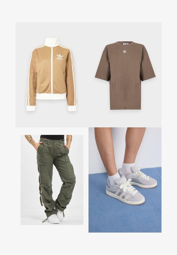 Zipper športna bunda v rjavi barvi z belimi dodatki in tremi belimi črtami na rokavih. Ima strukturiran tkaninski vzorec na enem rokavu. Adidasov logotip na prsih.; Brahna bomba majica s kratkimi rokavi, okroglo ovratnikom in belim Adidasovim logotipom v sredini prsnega dela, z enostavnim dizajnom in sproščenim krojem.; Olivno zeleni cargo hlače z več žepi, z vrvico za ajustar in sproščenim krojem. Tkanina ima mehak občutek in trden, vzdržljiv videz.; Sive športne copate iz zamšene kože z belimi vezalkami in gumijastim podplatom, ki imajo tri diagonalne črte ob strani in logotip na ježku.